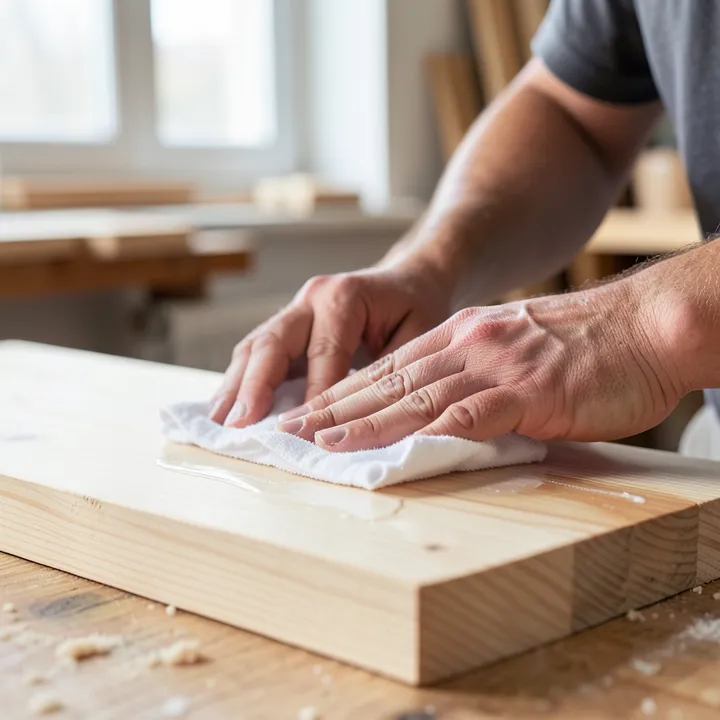 Wiping excess wood conditioner off a pine board with a clean white cloth