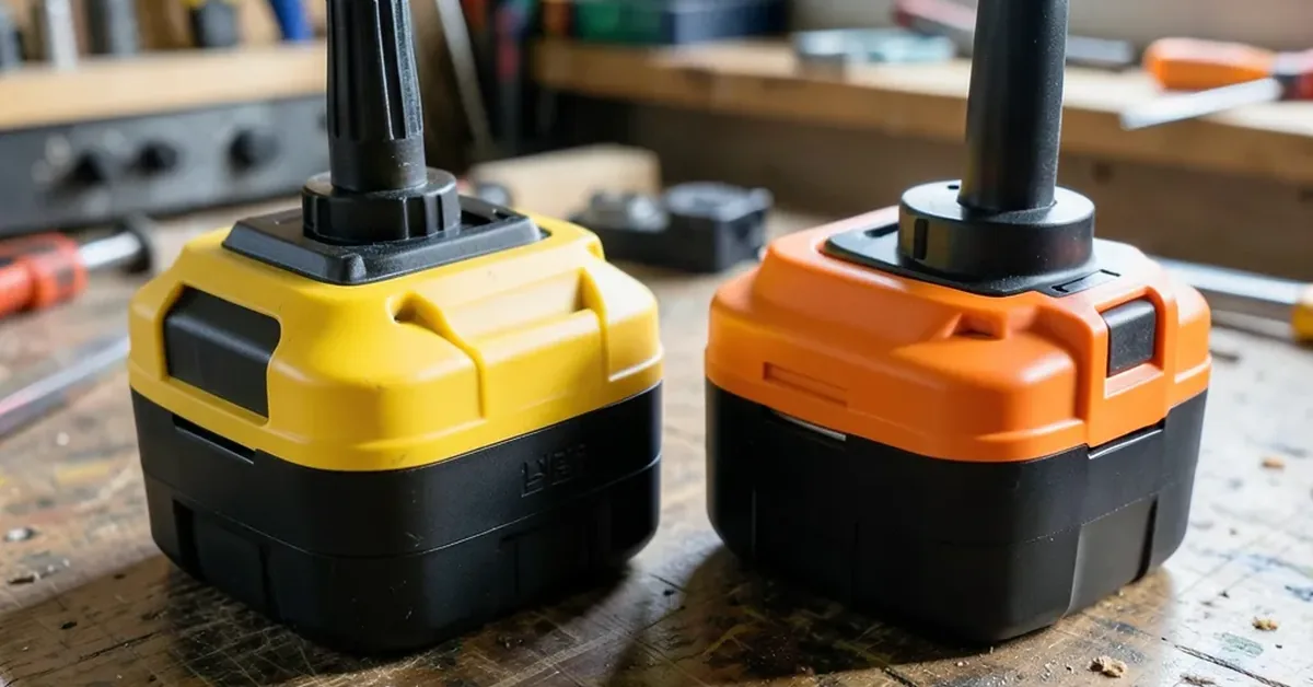 two different cordless power tool batteries side by side on a workbench two different cordless power tool batteries side by side on a workbench