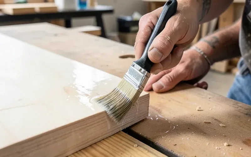 sealing a cut plywood edge applying clear penetrating sealer to a cut plywood edge with a brush