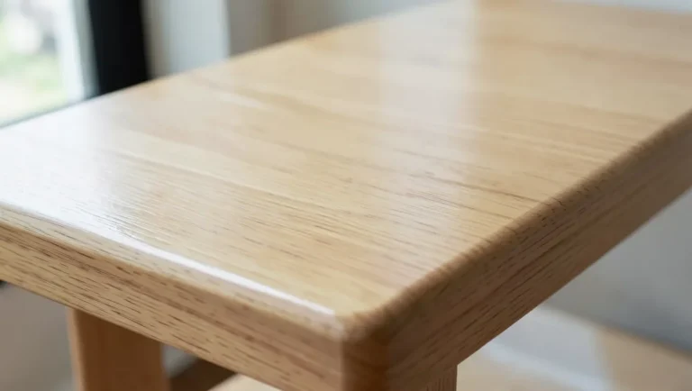 Sealed rubberwood furniture surface showing natural wood grain and glossy polyurethane topcoat