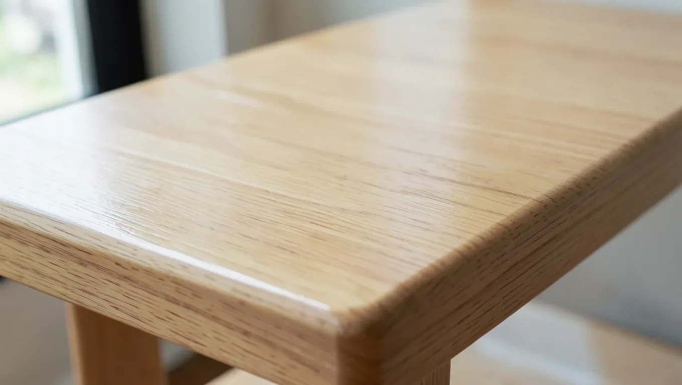 Sealed rubberwood furniture surface showing natural wood grain and glossy polyurethane topcoat