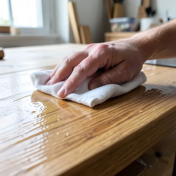 Applying oil-based hardwax finish to a wood tabletop with a cloth