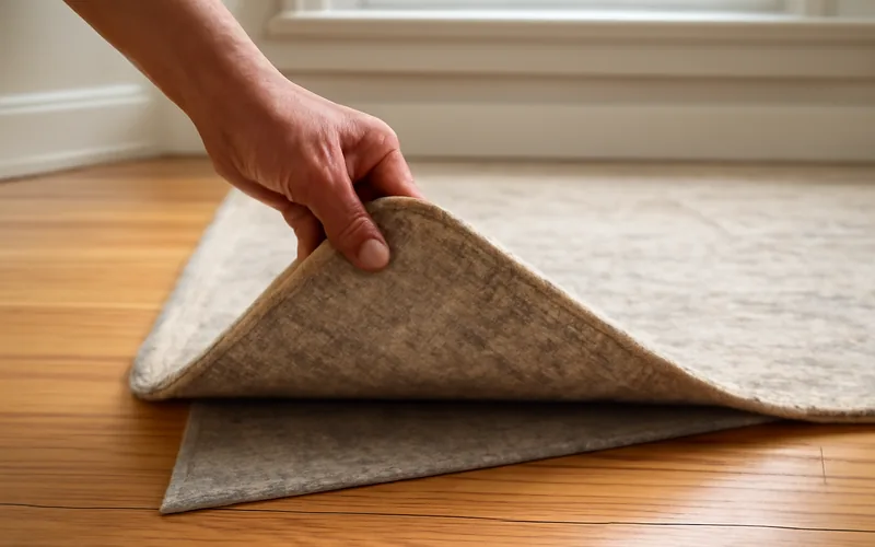 lifting the corner of an area rug to check the felt rug pad underneath on a hardwood floor