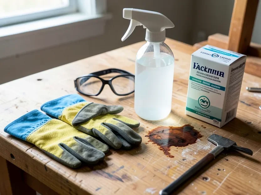 Gloves, goggles, vinegar and baking soda ready for rust stain removal on wood