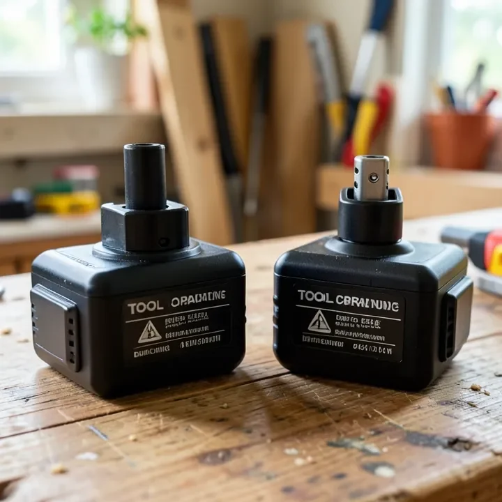two different brand cordless tool batteries with different connector shapes on a workbench