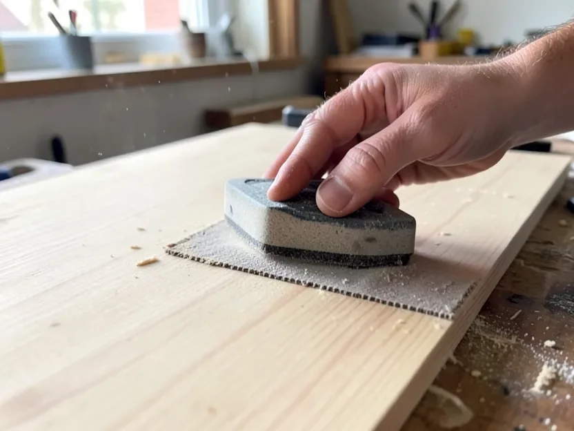 Sanding a patched area on plywood smooth with a sanding block
