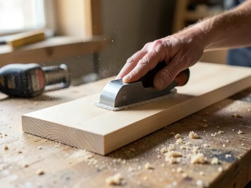 Sanding a raw poplar wood board by hand before sealing
