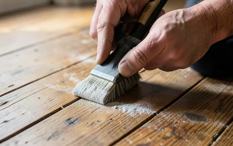 Sanding an old hardwood floor plank by hand during restoration