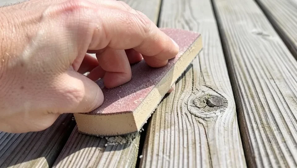 Sanding a rough spot on a cedar deck board