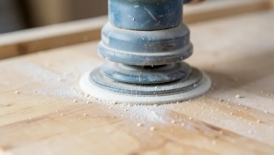 An orbital sander clearing stripper residue from a wood surface
