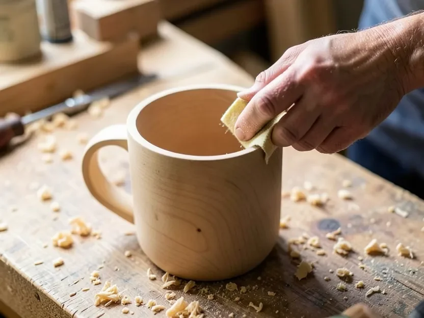 Sanding the inside rim of an unfinished wooden mug with fine-grit sandpaper before sealing