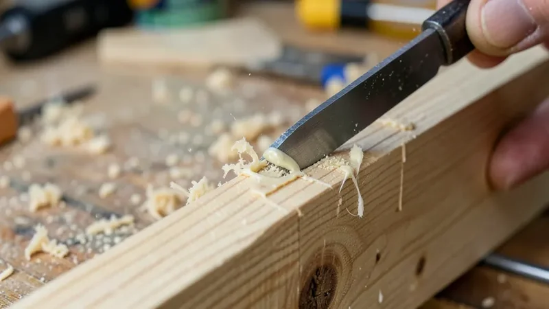Scraping dried wood glue squeeze-out with a chisel before staining