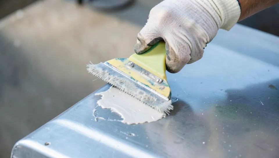 Scraping softened paint off a metal surface with a plastic scraper