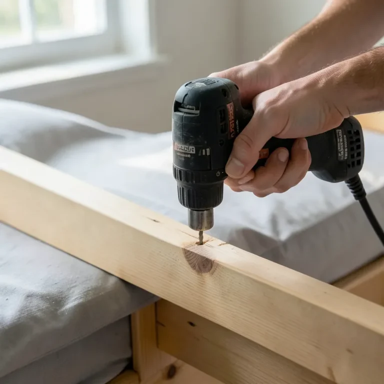 Drilling a screw into a wood bed slat on a bed frame