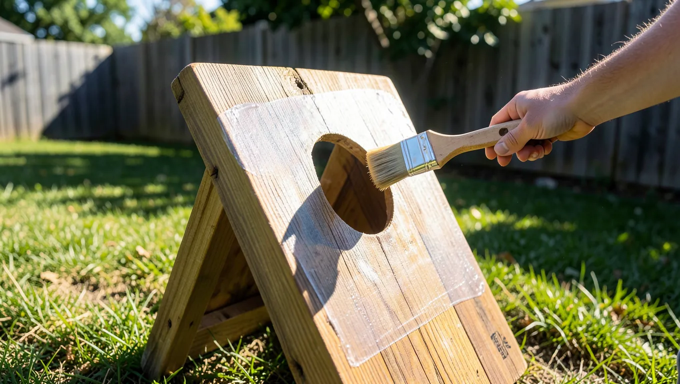 A cornhole board being sealed with a brush and clear spar urethane
