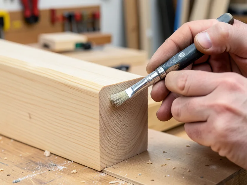 Carpenter brushing clear end-grain sealer onto the cut bottom end of a pine door jamb board