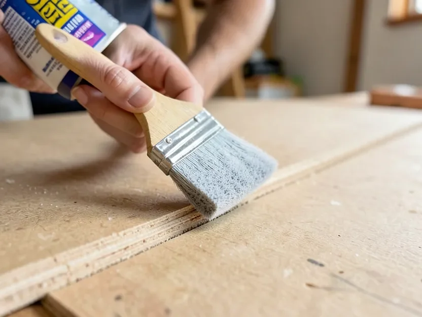 Sealing the raw cut edge of an MDF board with clear sealant to block moisture absorption