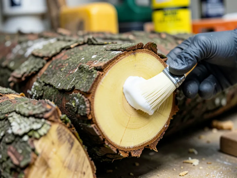 Applying wax end-grain sealer to a freshly cut Osage orange log to prevent checking
