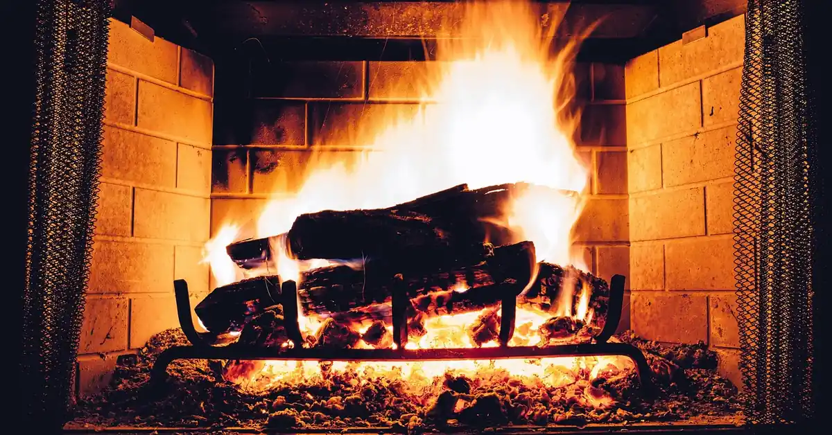 seasoned firewood burning in a home fireplace grate
