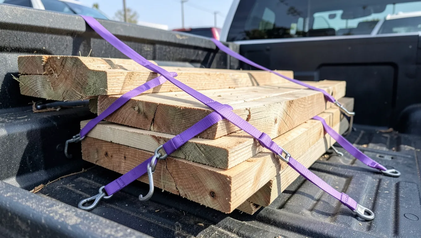 Wooden lumber boards secured in a pickup truck bed with purple ratchet tie-down straps crossed in an X pattern
