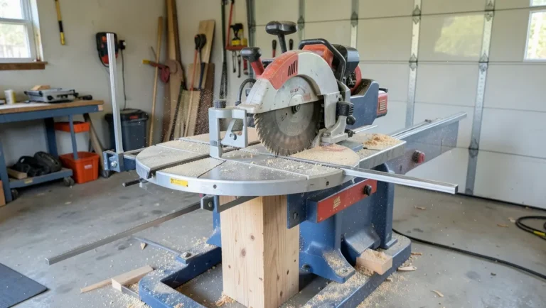 Sliding compound miter saw crosscutting through a 4x4 wood post in one pass