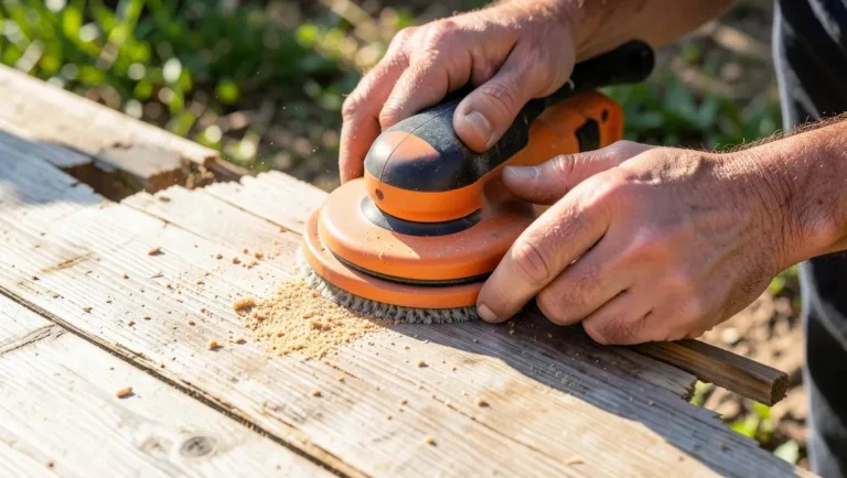 Sanding a splintered wooden board outdoors with a random orbital sander