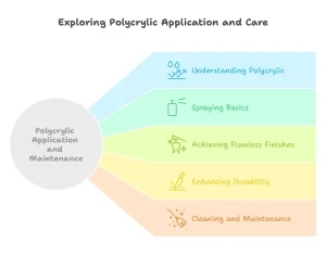 Overview graphic of the polycrylic spraying process from surface prep to cleanup