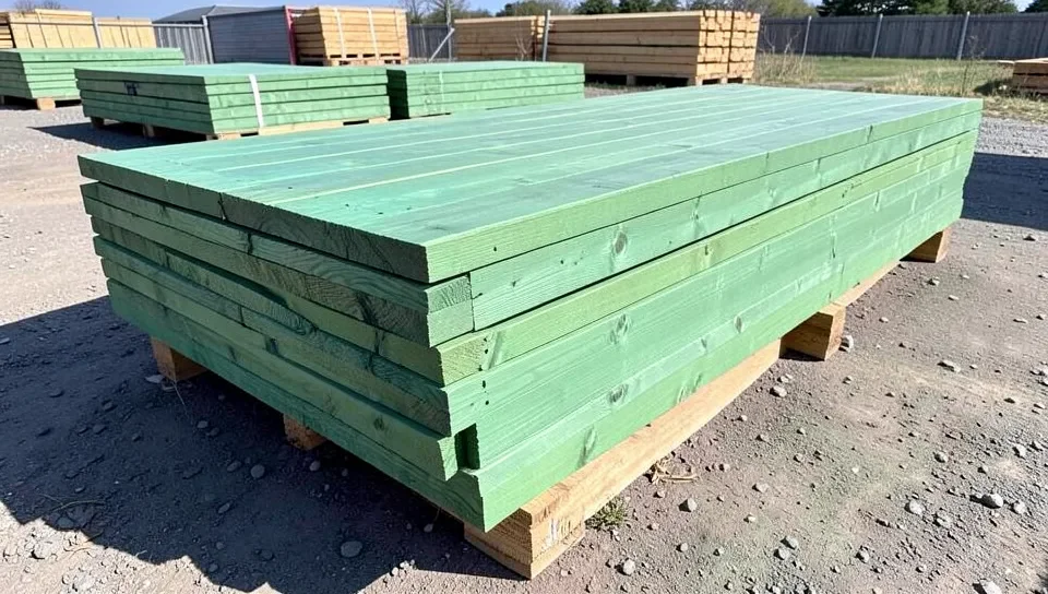 Stacked pressure-treated lumber at a lumber yard