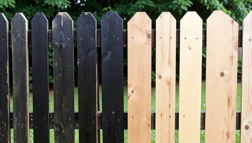 Fence pickets showing stained boards next to unstained bare wood boards