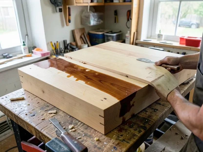 Woodworker applying wood stain to one face of a board on a workbench, with the bare unstained back edge visible