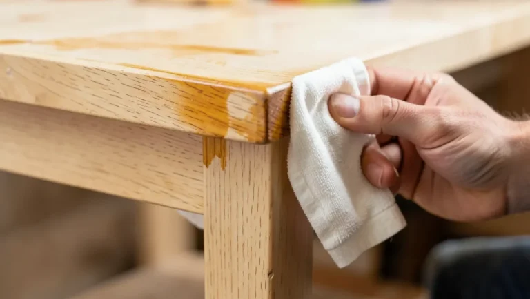 Wiping wood stain onto a rubberwood table leg with a cloth