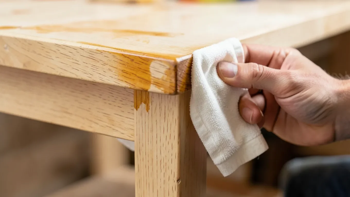 Wiping wood stain onto a rubberwood table leg with a cloth