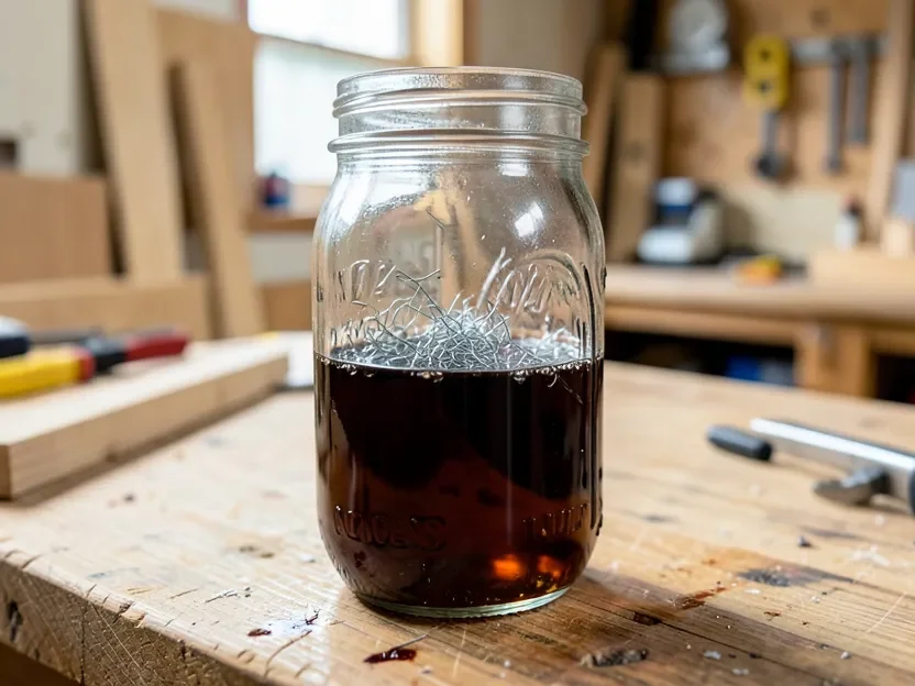 Fine steel wool soaking in white vinegar in a glass jar to make ebonizing solution