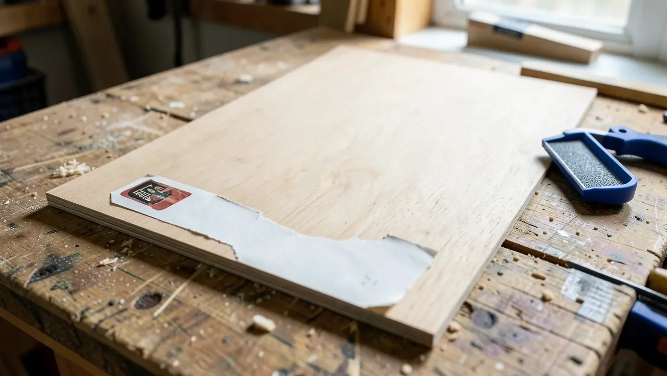 Peeling a sticker off a sheet of plywood on a workbench with a plastic scraper nearby
