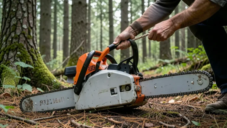 Pulling the starter rope on a chainsaw