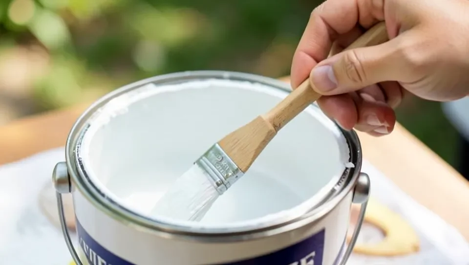 Stirring primer with a wooden stir stick to check consistency