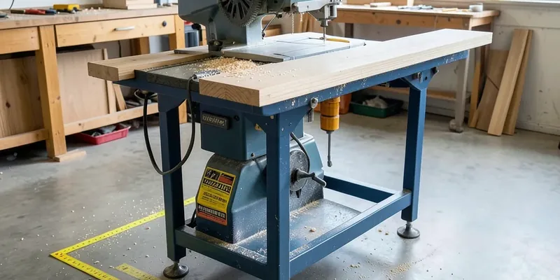 Table saw on a mobile base with floor clearance marked out with tape for infeed and outfeed space