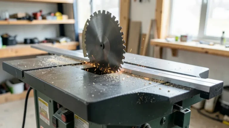 Table saw with a carbide-tipped blade cutting an aluminum bar clamped against the rip fence