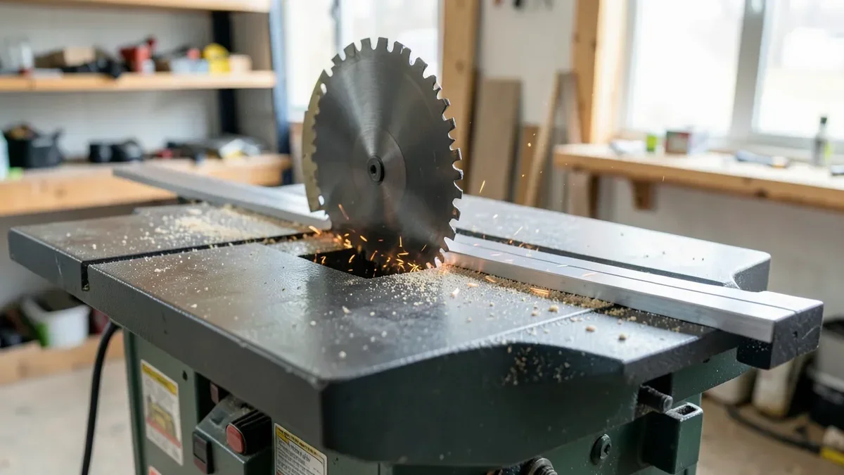 Table saw with a carbide-tipped blade cutting an aluminum bar clamped against the rip fence