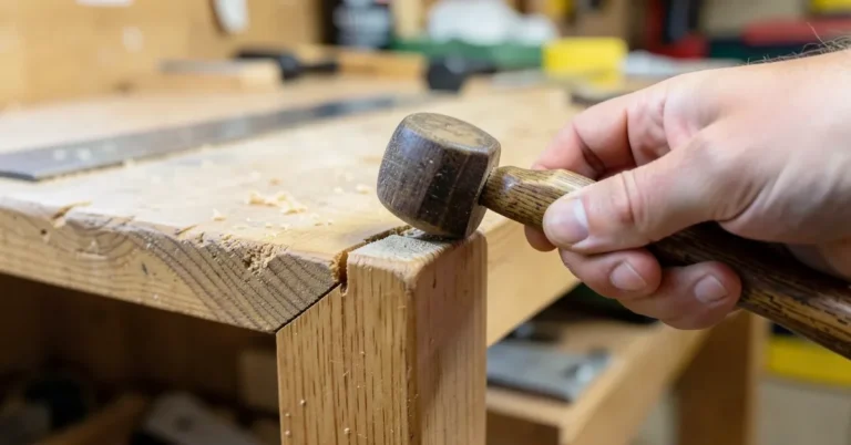 Tapping a wood button plug into a drilled hole with a mallet