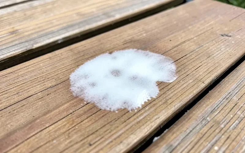 White cloudy blushing patch on a wood deck board caused by trapped moisture