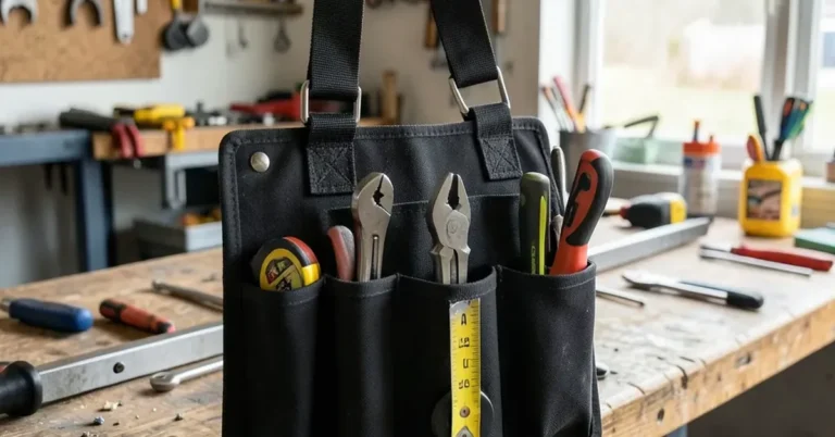 Tool pouch belt with pliers, screwdrivers, and a tape measure on a workshop bench