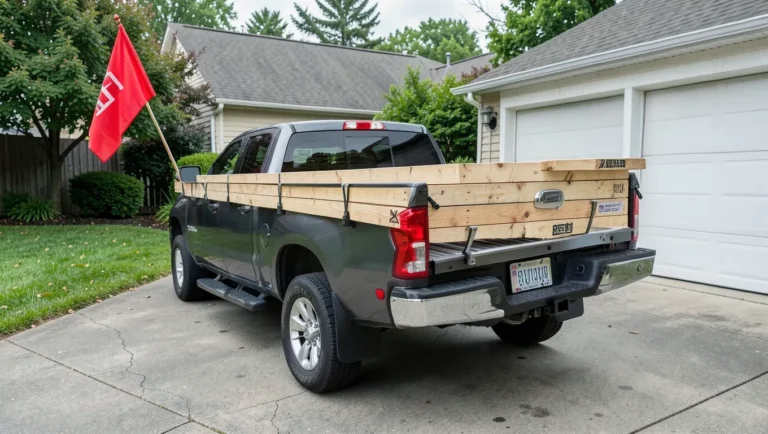 Pickup truck with a hitch mount bed extender carrying long wooden boards with a red safety flag