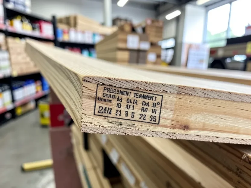 Close-up of a pressure-treated lumber end stamped with a chemical treatment tag