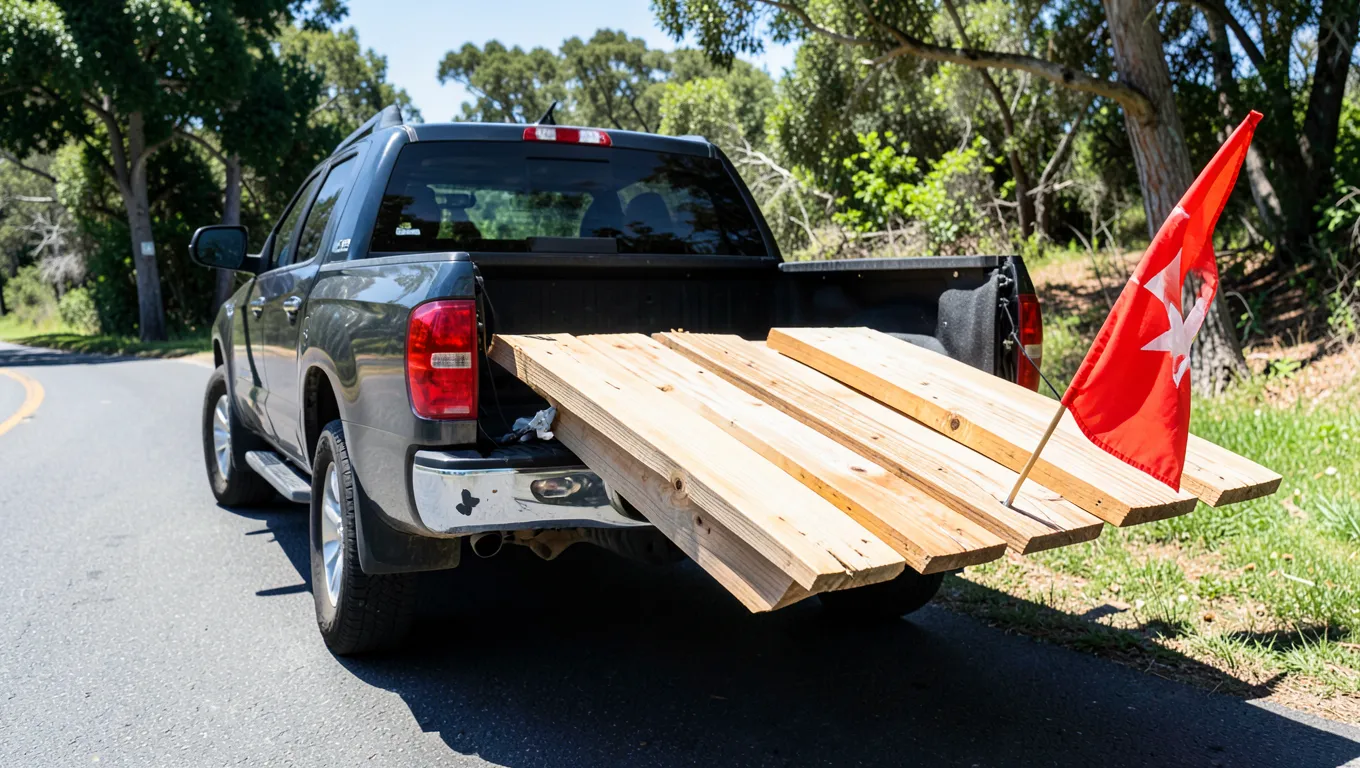 Pickup truck transporting 16 foot lumber with a red safety flag on the overhang