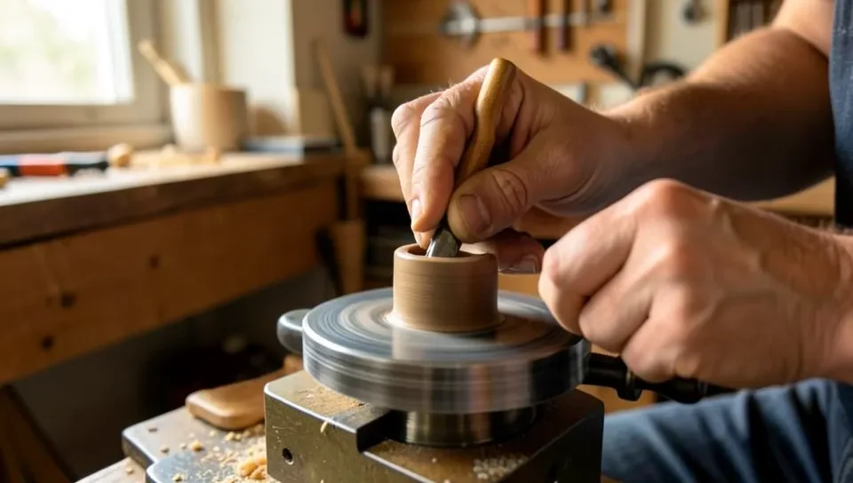 Hand-turning a wooden pen on a small lathe