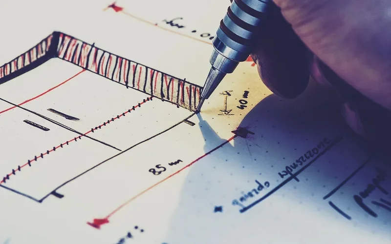 Hand sketching a vanity table woodworking plan with measurements marked