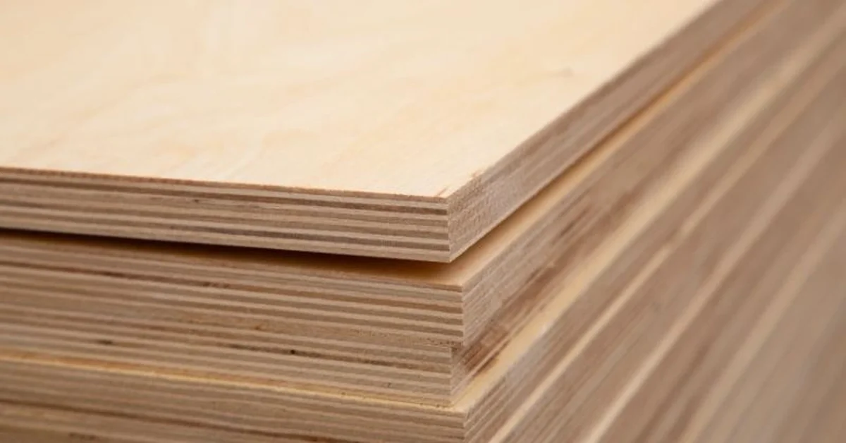 Close-up of veneer core plywood edge showing thin cross-laminated wood layers