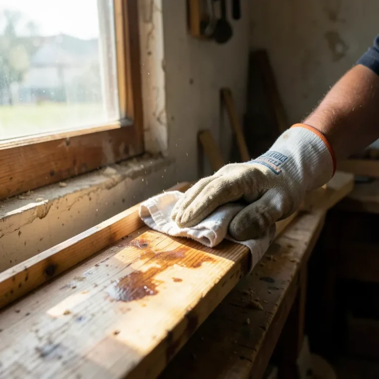 freshly stained wood plank next to an open window for ventilation