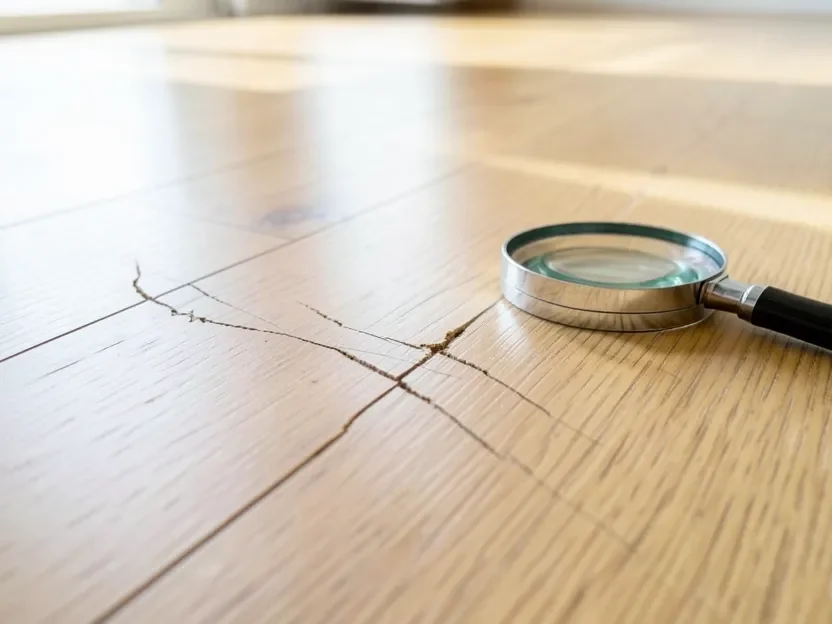 Close-up of a scratch on vinyl plank flooring being assessed with a magnifying glass